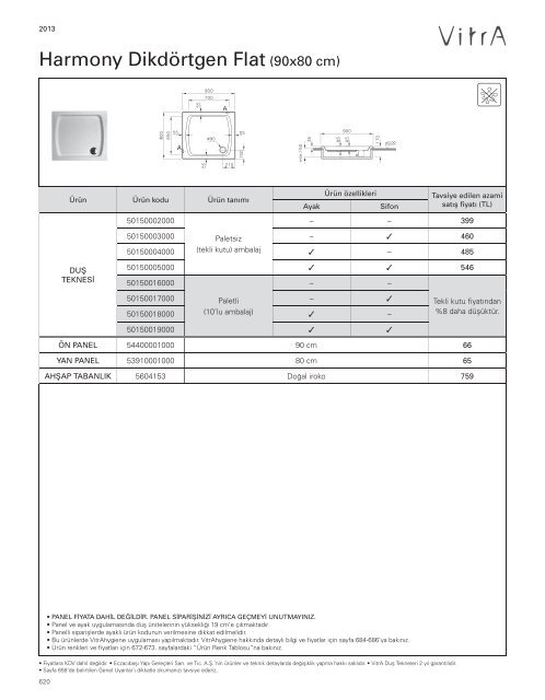 2013 Vitra Küvetler ve Duş Tekneleri Fiyat Listesi