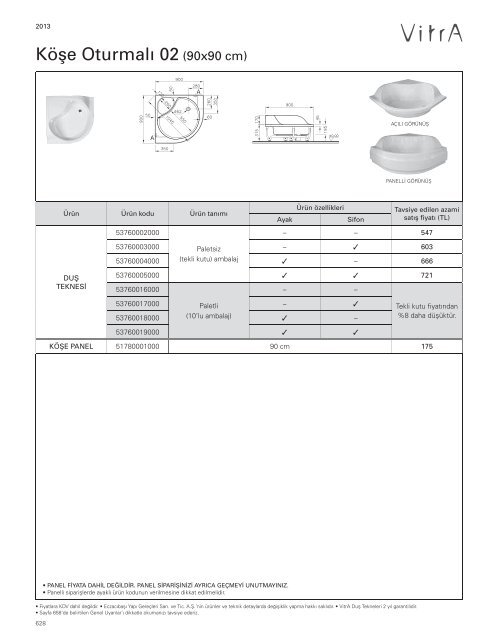 2013 Vitra Küvetler ve Duş Tekneleri Fiyat Listesi