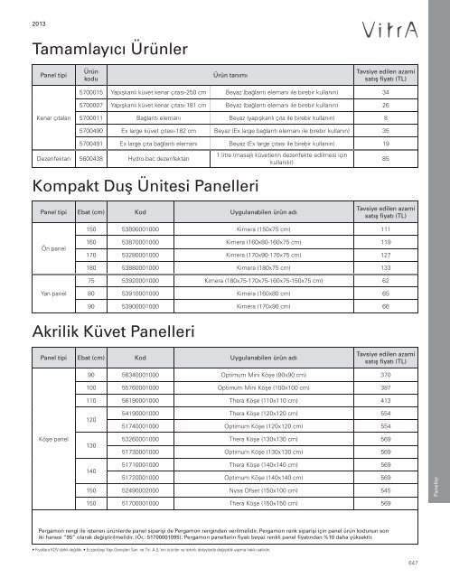 2013 Vitra Küvetler ve Duş Tekneleri Fiyat Listesi