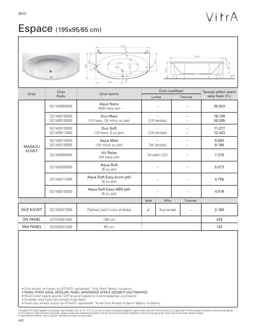 2013 Vitra Küvetler ve Duş Tekneleri Fiyat Listesi