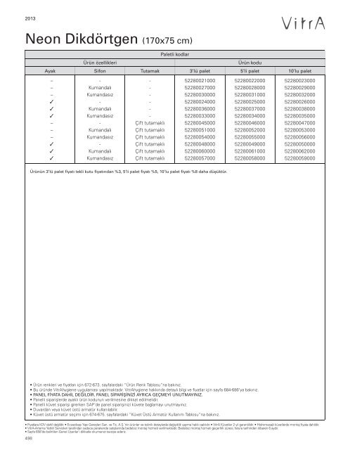 2013 Vitra Küvetler ve Duş Tekneleri Fiyat Listesi