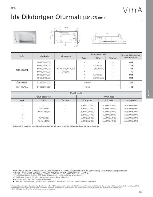 2013 Vitra Küvetler ve Duş Tekneleri Fiyat Listesi
