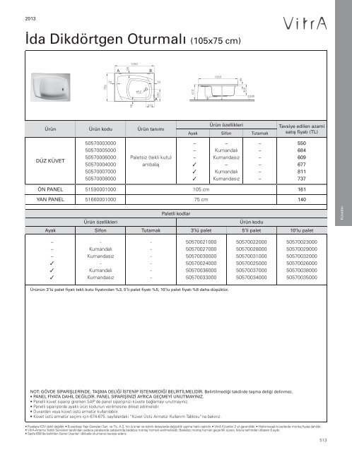2013 Vitra Küvetler ve Duş Tekneleri Fiyat Listesi