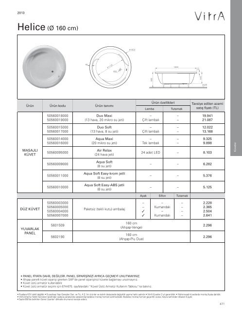 2013 Vitra Küvetler ve Duş Tekneleri Fiyat Listesi