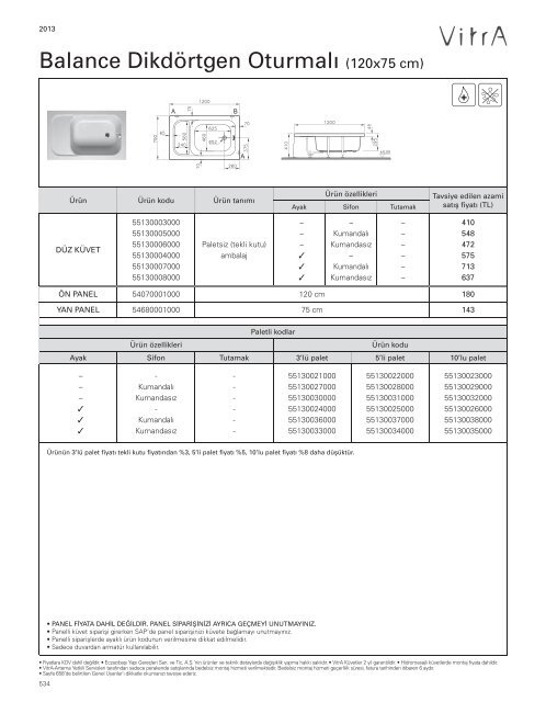 2013 Vitra Küvetler ve Duş Tekneleri Fiyat Listesi
