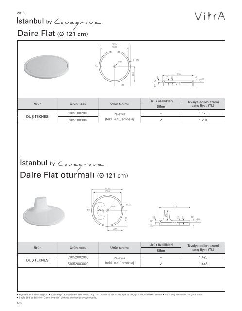 2013 Vitra Küvetler ve Duş Tekneleri Fiyat Listesi