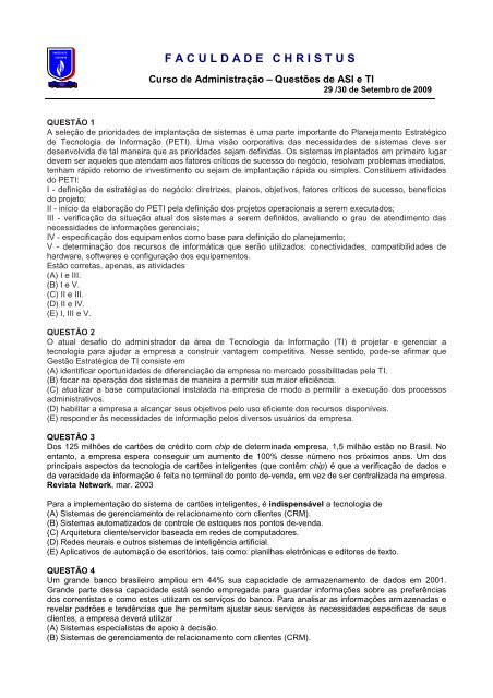 Questões de ASI e TI - Faculdade Christus