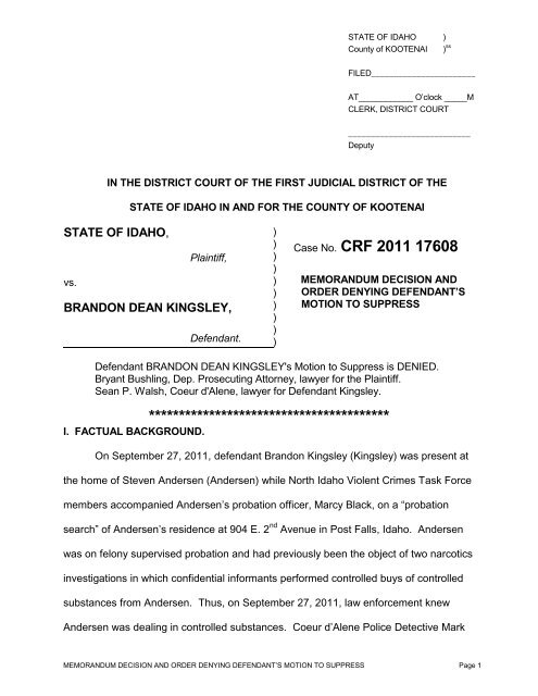 Case No. CRF 2011 17608 - Kootenai County
