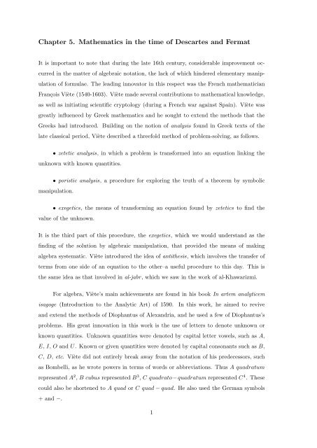 Chapter 5. Mathematics in the time of Descartes and Fermat