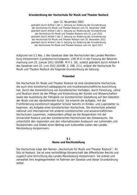 Grundordnung der hmt Rostock in der Fassung vom 24. April 2013