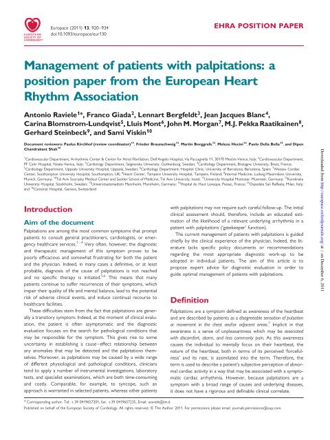Management of patients with palpitations: a position paper from the ...