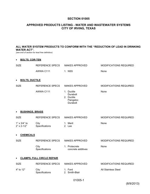 Approved Products List - City of Irving, Texas