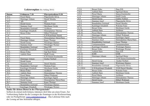 Lektoren- und Kommunionhelferplan - Pfarre Mauthausen