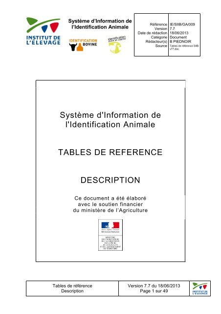 Tables de référence SIIA v77 - Institut de l'Elevage