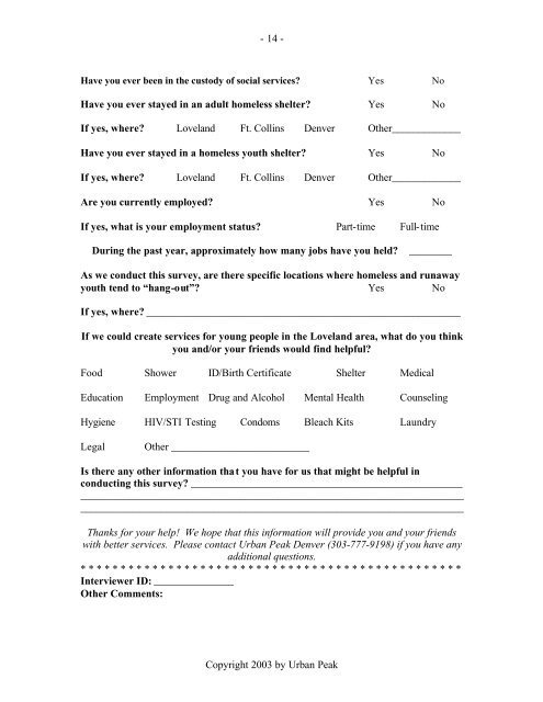 Loveland Homeless Youth Point-in-Time Count/Survey Report