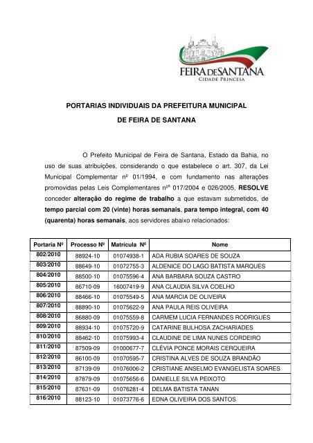 portarias individuais da prefeitura municipal de feira de santana