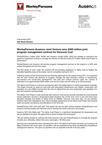 WorleyParsons Ausenco Joint Venture contract award