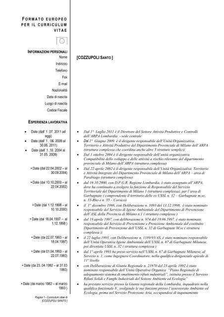 formato europeo per il curriculum vitae - Regione Lombardia