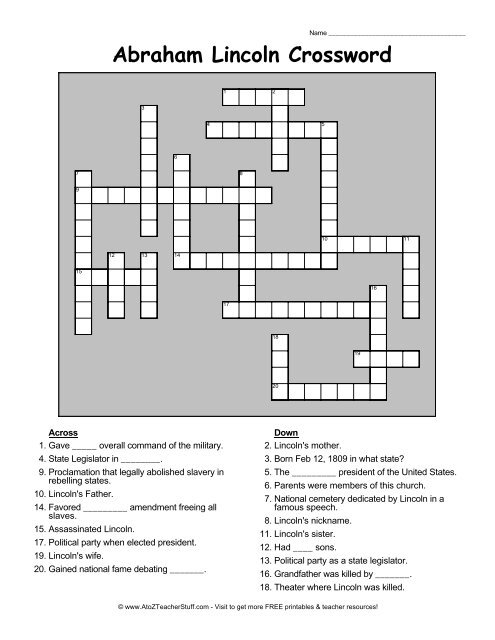 Abraham Lincoln Crossword Puzzle Abraham Lincoln Crossword Puzzle