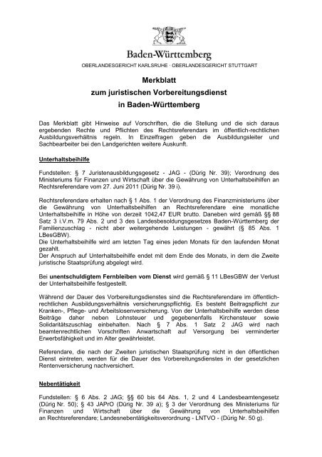 Merkblatt Zum Juristischen Vorbereitungsdienst In Baden Wurttemberg
