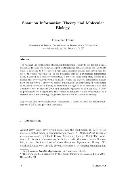 Shannon Information Theory and Molecular Biology