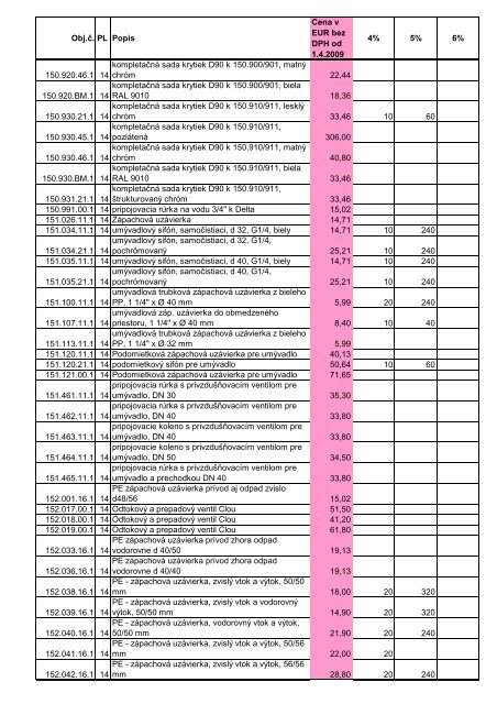 Obj.Ä. PL Popis Cena v EUR bez DPH od 1.4.2009 4 ... - AQUATERM