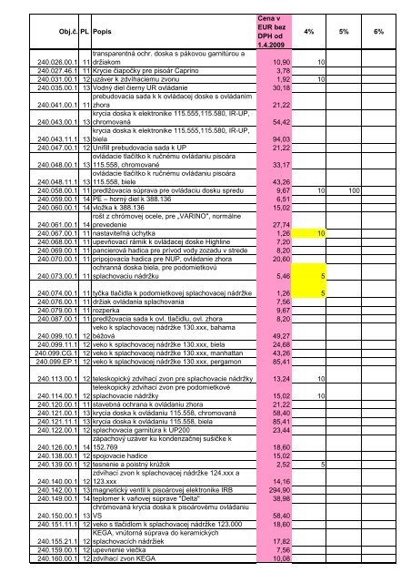 Obj.Ä. PL Popis Cena v EUR bez DPH od 1.4.2009 4 ... - AQUATERM