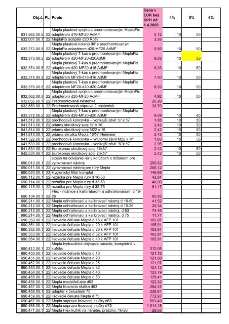 Obj.Ä. PL Popis Cena v EUR bez DPH od 1.4.2009 4 ... - AQUATERM