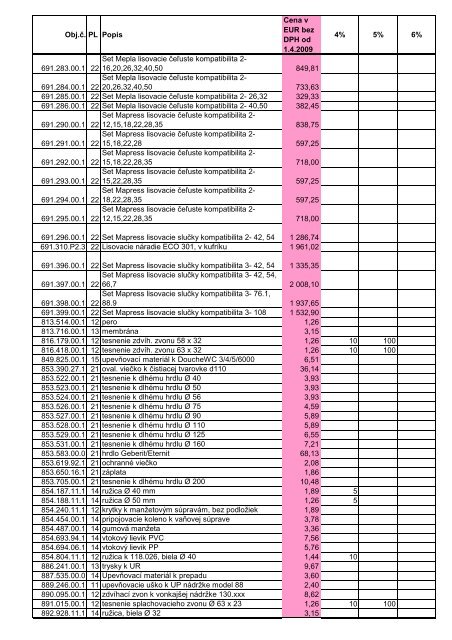 Obj.Ä. PL Popis Cena v EUR bez DPH od 1.4.2009 4 ... - AQUATERM