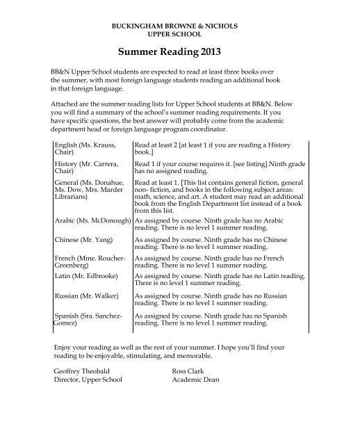 US Summer Reading Lists - Buckingham Browne & Nichols