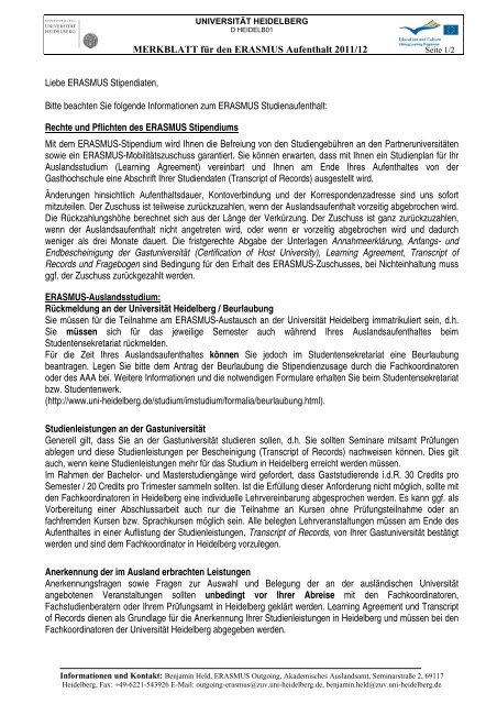 MERKBLATT fÃƒÂ¼r den ERASMUS Aufenthalt 2011/12 Liebe ... - ZUV