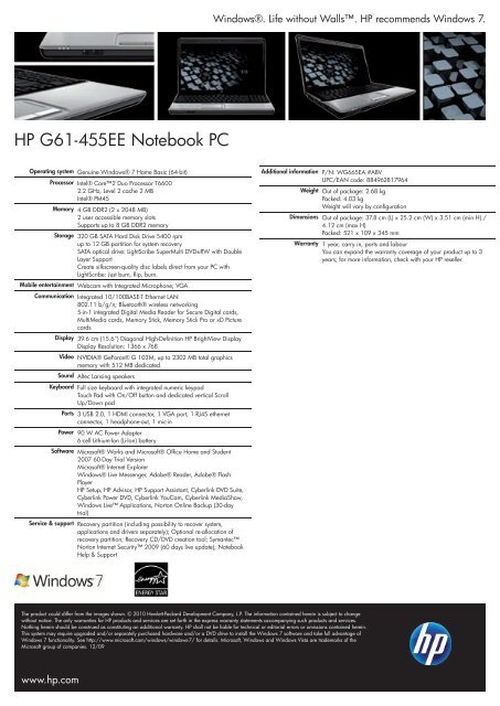 HP G61-455EE Notebook Datasheet - am4computers