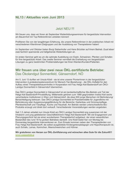 NL 13 / Juni - Tiergestützte Pädagogik I Therapie I soziale Arbeit am ...