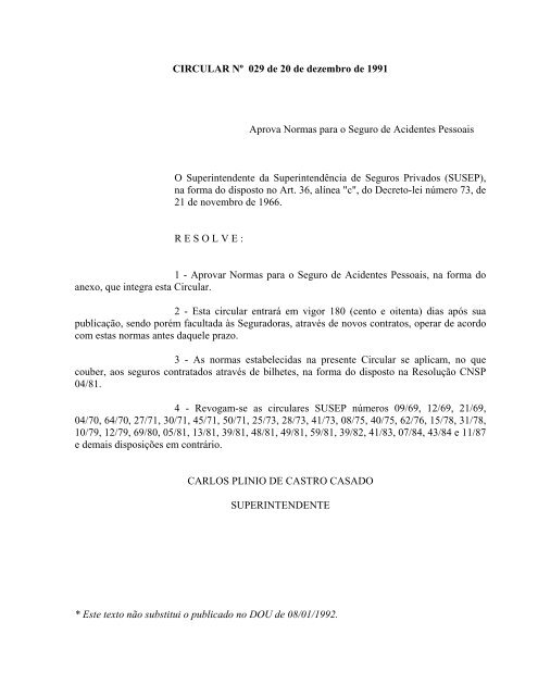 CIRCULAR NÂº 029 de 20 de dezembro de 1991 Aprova ... - Susep