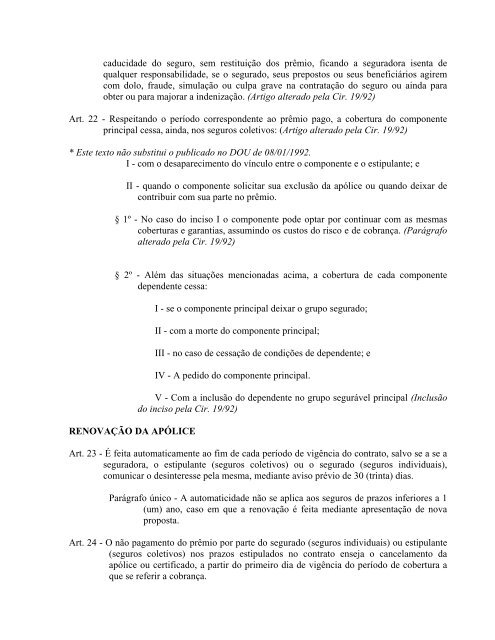 CIRCULAR NÂº 029 de 20 de dezembro de 1991 Aprova ... - Susep