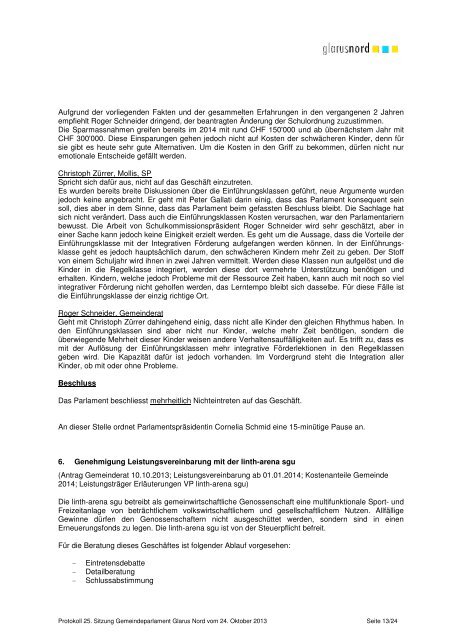 Protokoll der Sitzung vom 24. Oktober 2013 - Gemeinde Glarus Nord