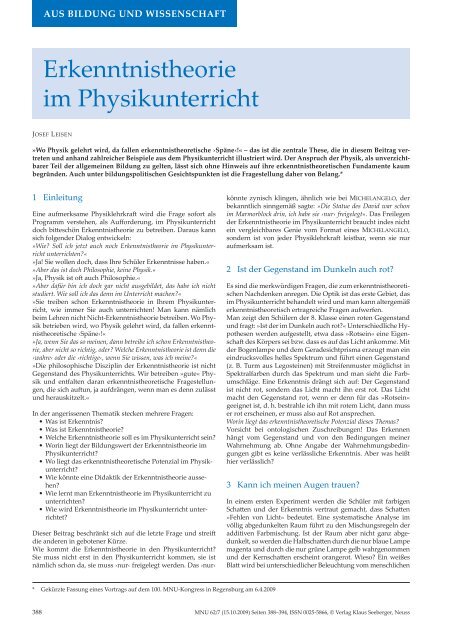 Erkenntnistheorie im Physikunterricht - Josef Leisen