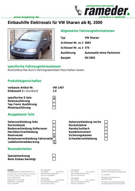 Einbauhilfe Elektrosatz für VW Sharan ab Bj. 2000