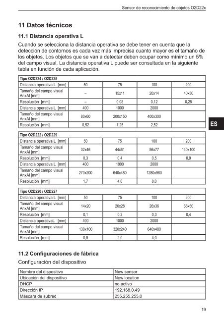 "Sensor de reconocimiento de objetos" O2D22x - IFM Electronic