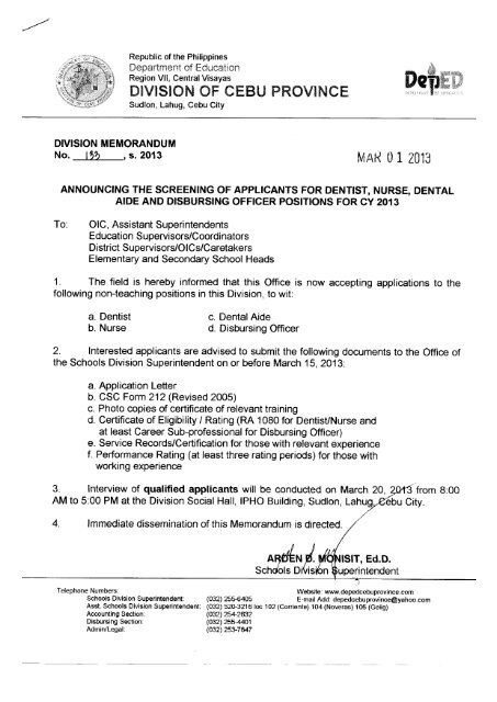 Memo No. 133, S. 2013 - DepEd Cebu Province