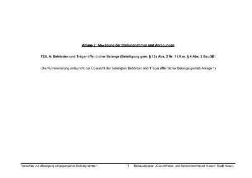 Anlage 2: Abwägung der Stellungnahmen und Anregungen TEIL A ...