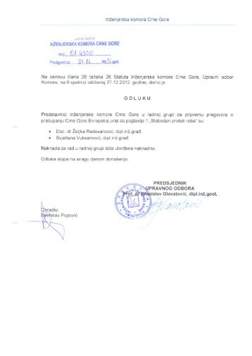 Odluka o imenovanju predstavnika Komore u radnoj grupi za ...