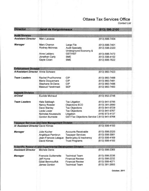 Tax Services Office Contact List