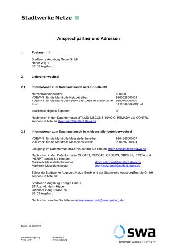 Ansprechpartner und Adressen - Netze der Stadtwerke Augsburg ...