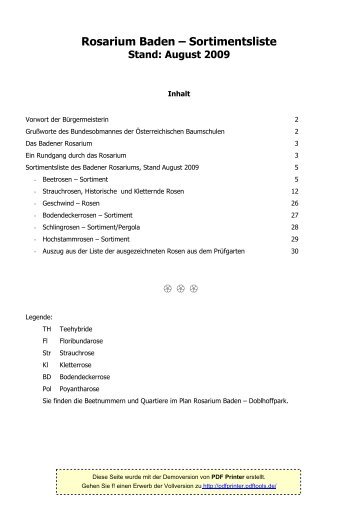 Rosarium Baden – Sortimentsliste Stand: August 2009