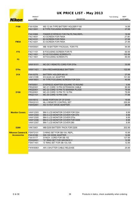 Price List - Nikon