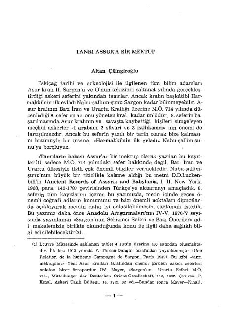 Altan Çilingiroğlu, Tanrı Asur'a Bir Mektup, s. 1-26.