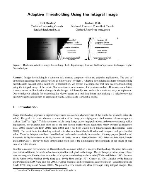 Adaptive Thresholding Using the Integral Image - Carleton University