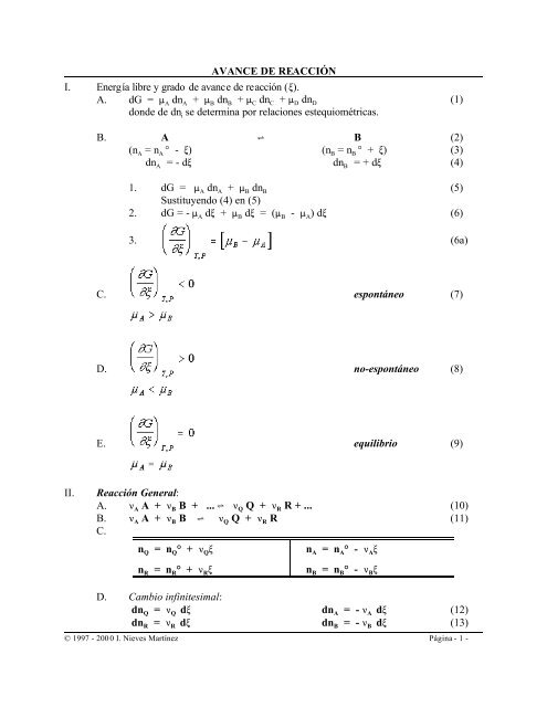 AVANCE DE REACCIÓN I. Energía libre y grado de avance de ...