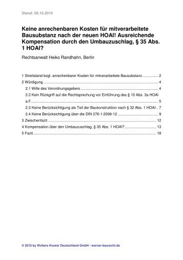 Keine anrechenbaren Kosten fÃƒÂ¼r mitverarbeitete ... - Werner Baurecht